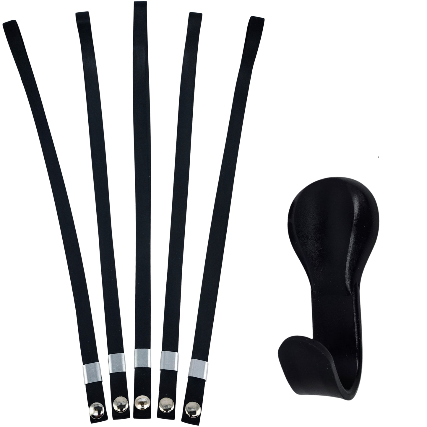 A set of black colored adjustable snack bands with a black storage mount. Snack storage kit Cabinet organizer pantry storage system kitchen cabinet door organizer