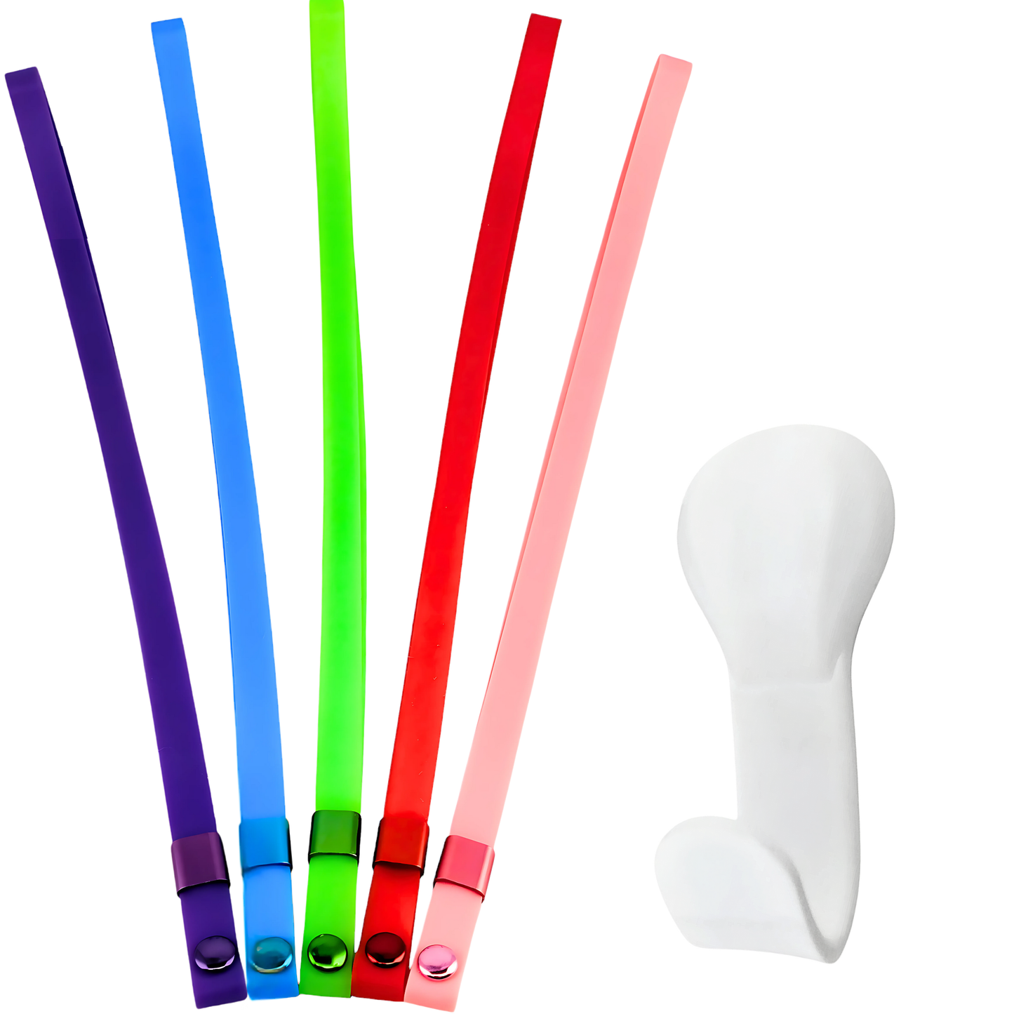 A set of Multi colored adjustable bands with a white storage mount Cabinet organizer pantry storage system 